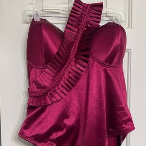 NWT Fashion Nova Burgundy One-Shoulder Ruffled Swimsuit